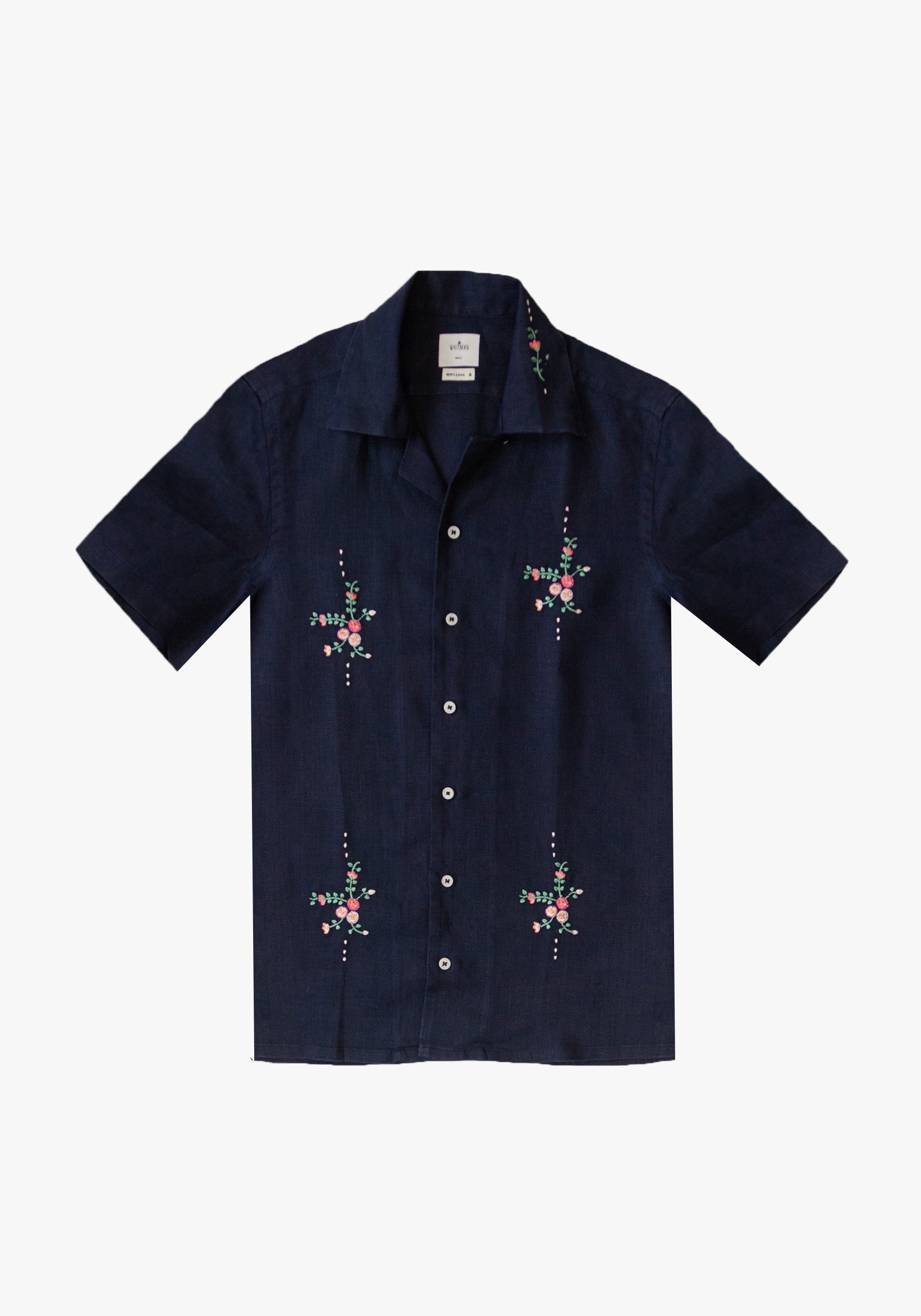 Camisa Cubana Bordada Lino Azul Osc.