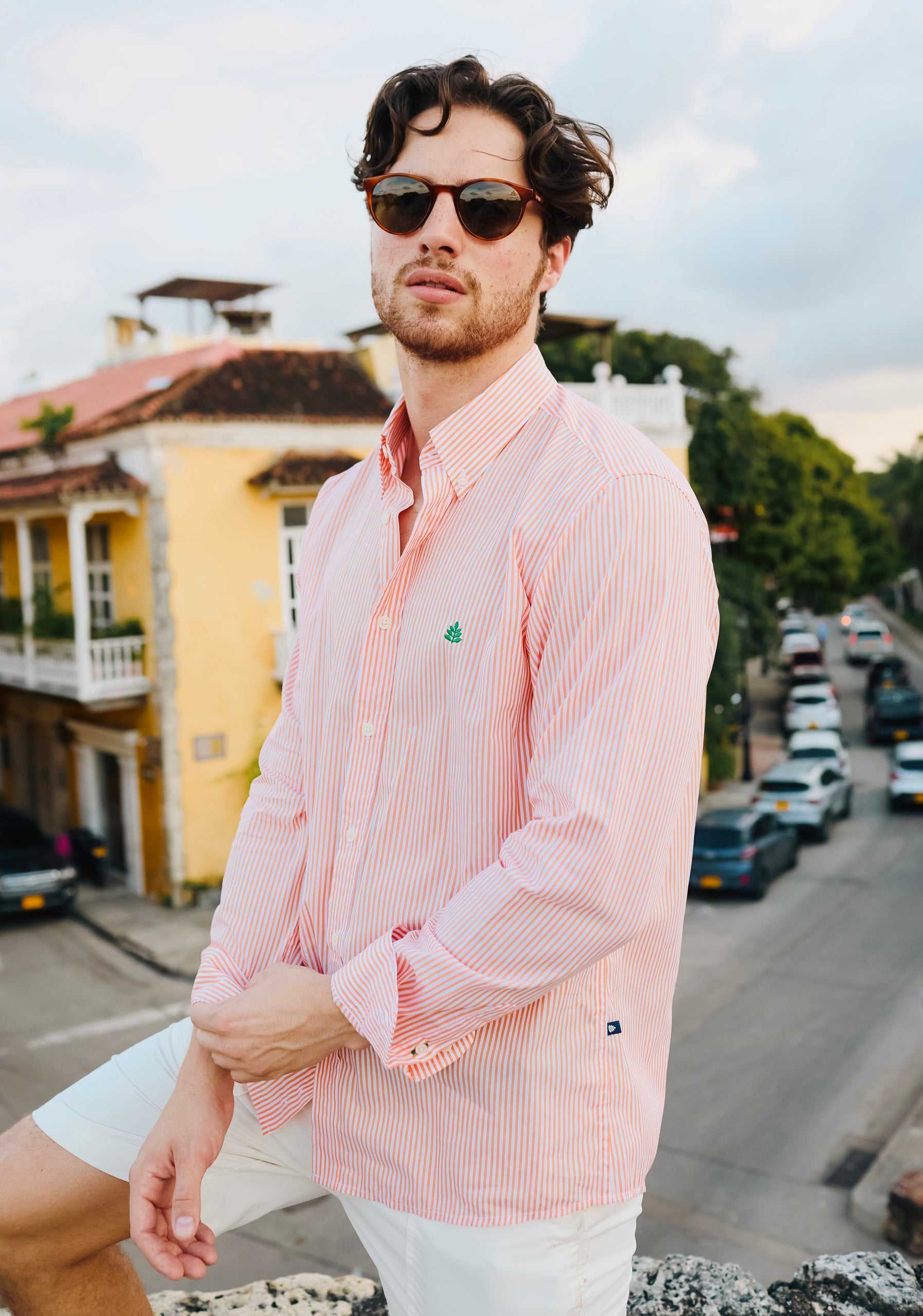 Camisa Rayas Medias Naranja - Blanco Cuello Button Down L-Ver