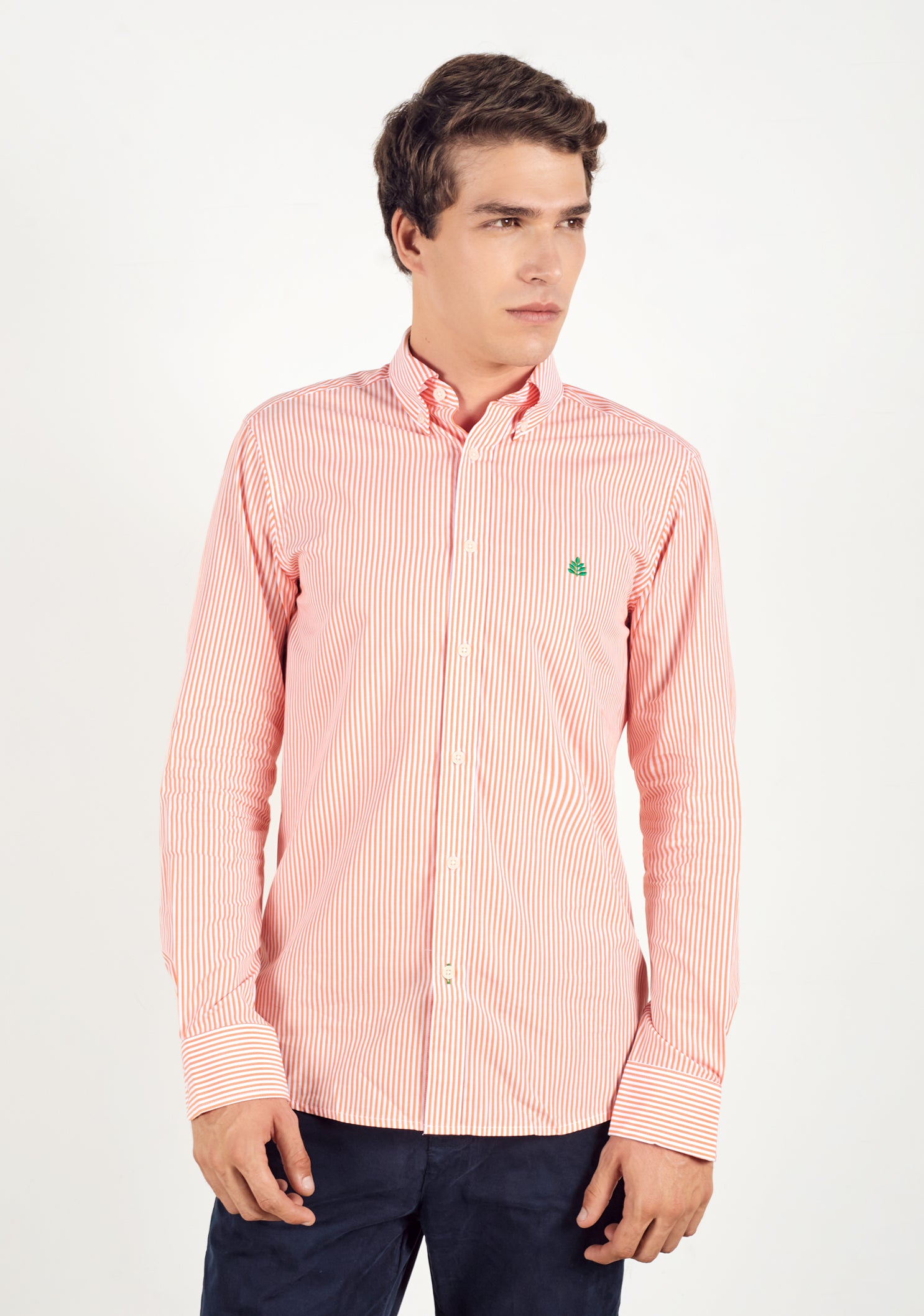 Camisa Rayas Medias Naranja - Blanco Cuello Button Down L-Ver