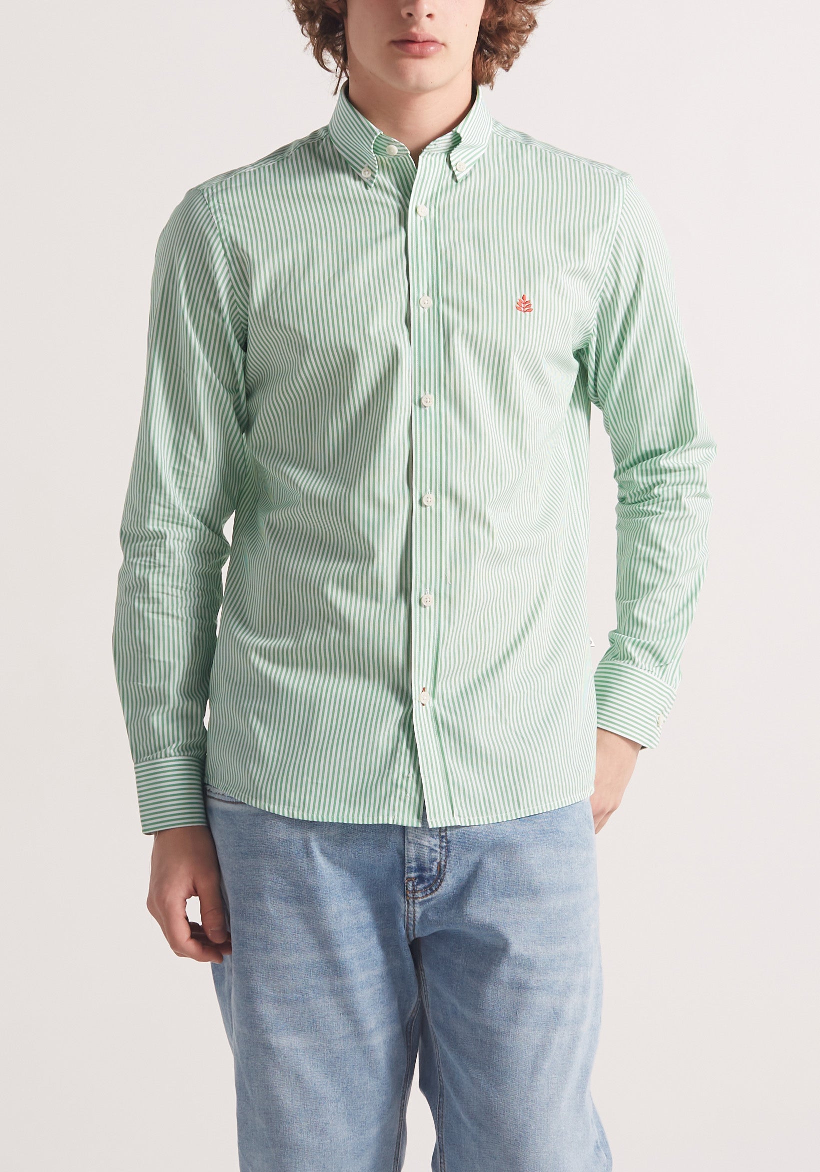 Camisa Whitman Líneas Verde Medio - Blanco Cuello Button Down