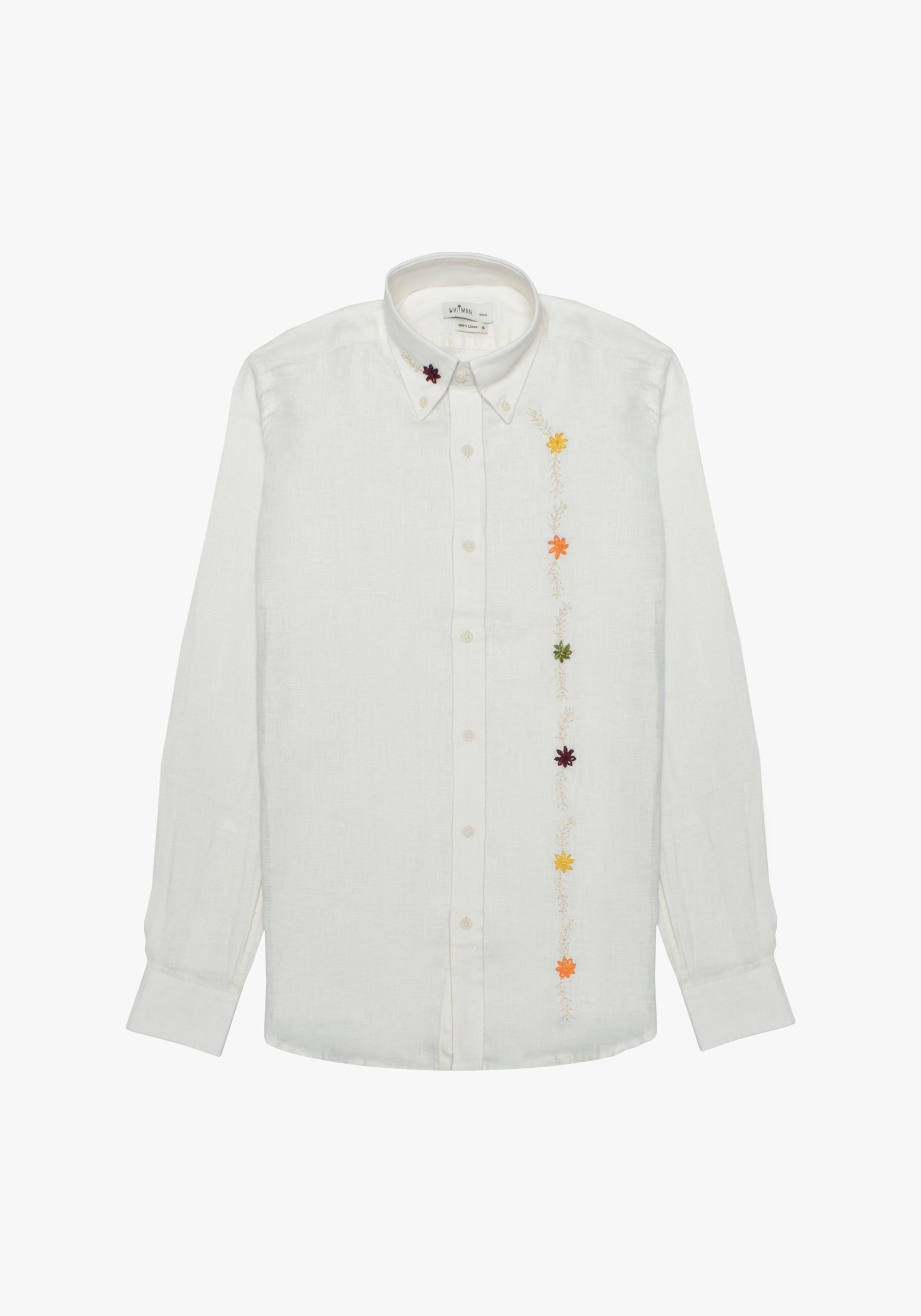 Camisa Bordada Lino Cuello Button Down Marfil