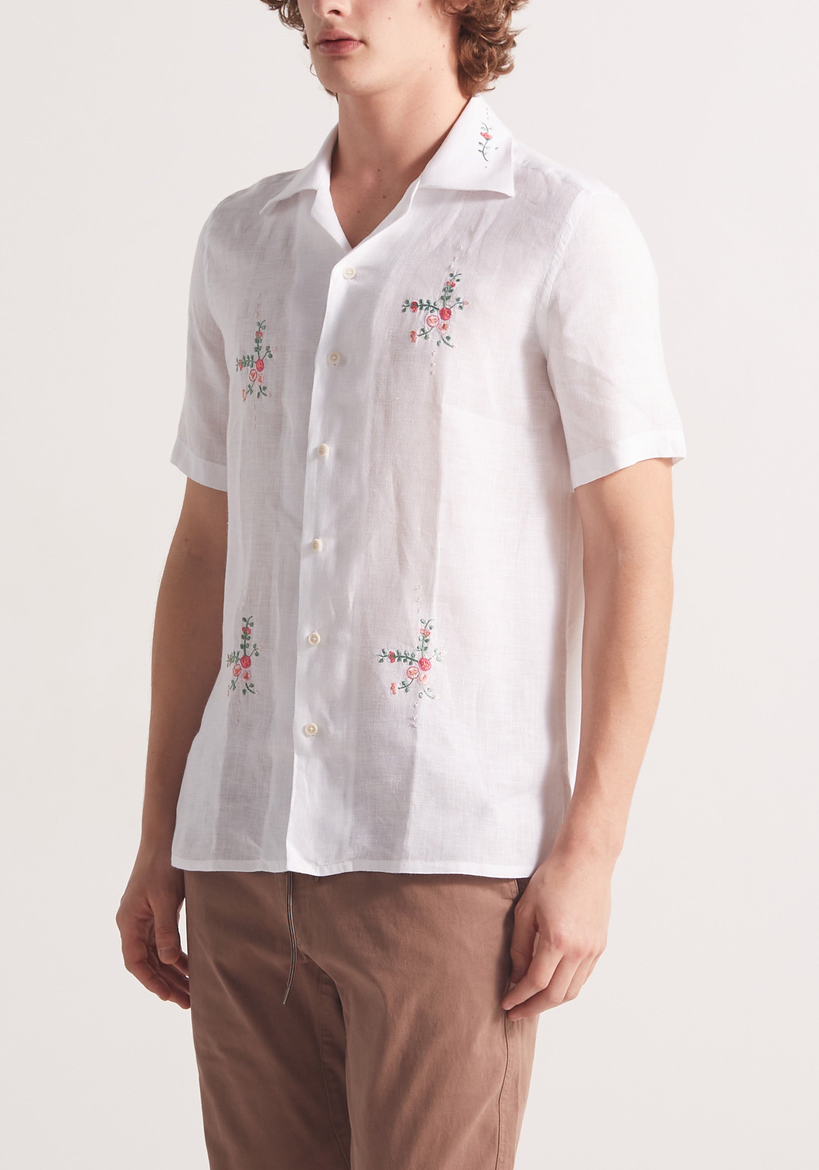 Camisa Cubana Bordada Lino Blanca