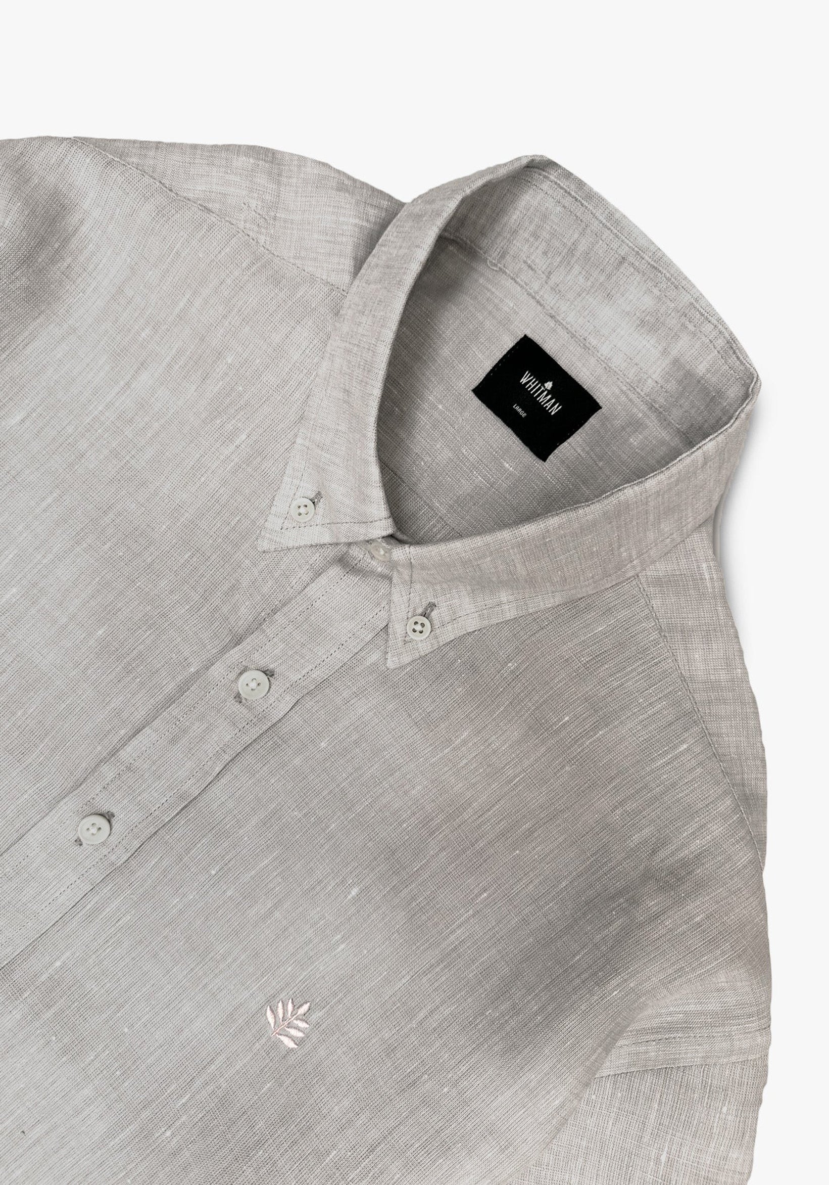 Camisa Lino Manga Corta - Cuello Button Down Gris Claro