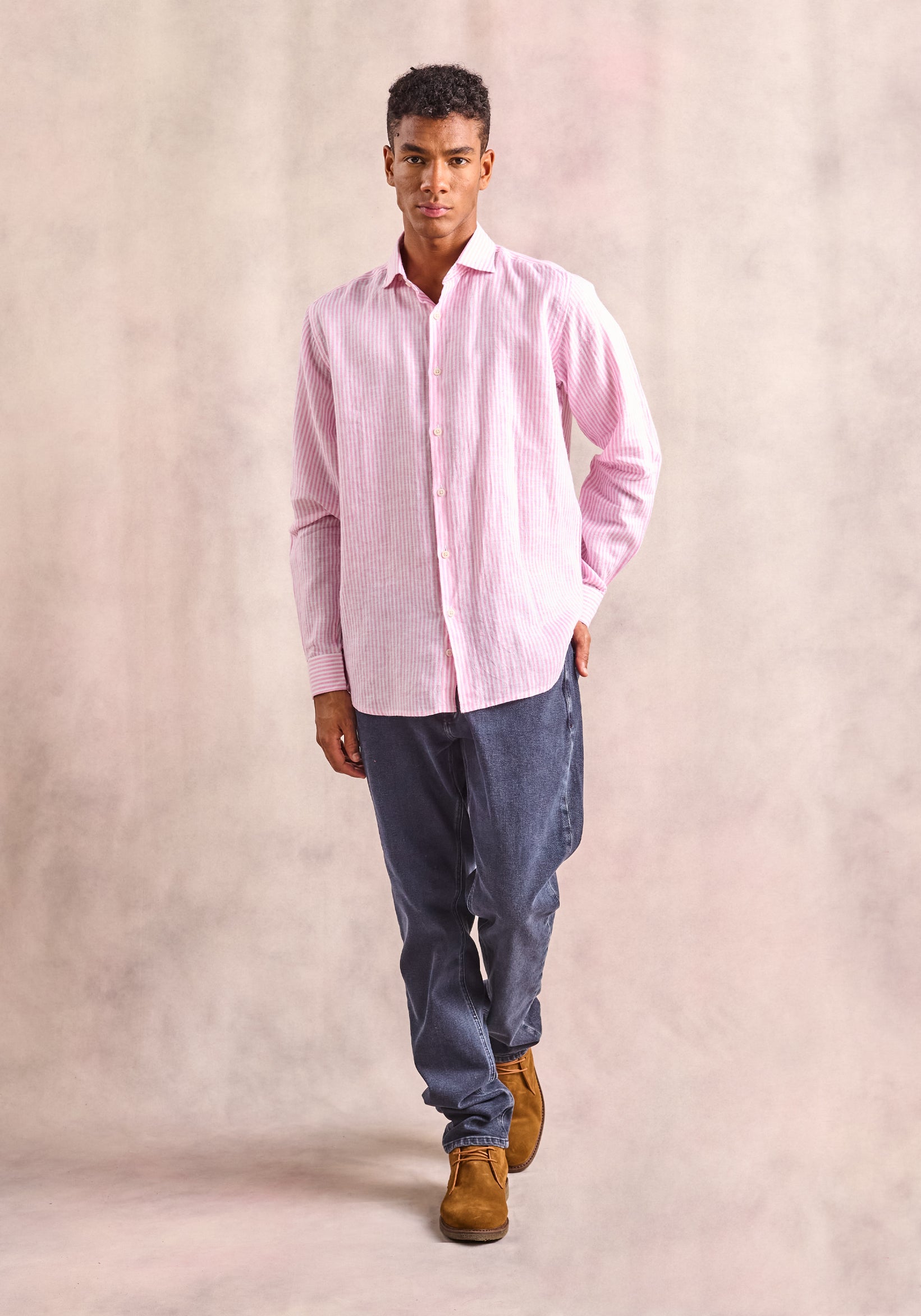 Camisa Canova Lino Cf Rayas Rosa - Blanco