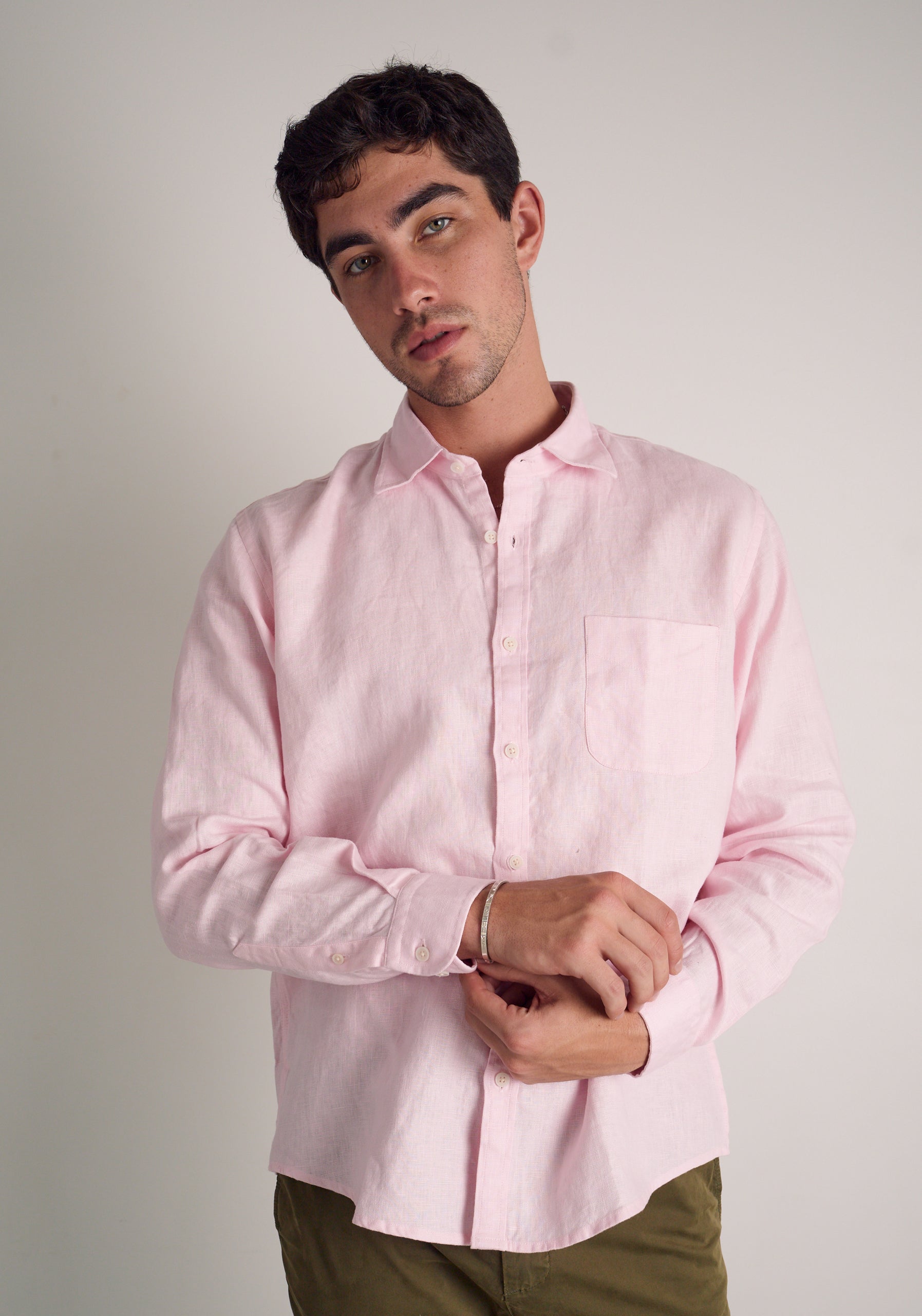 Camisa H CI Lino Unicolor Bols Rosado Claro