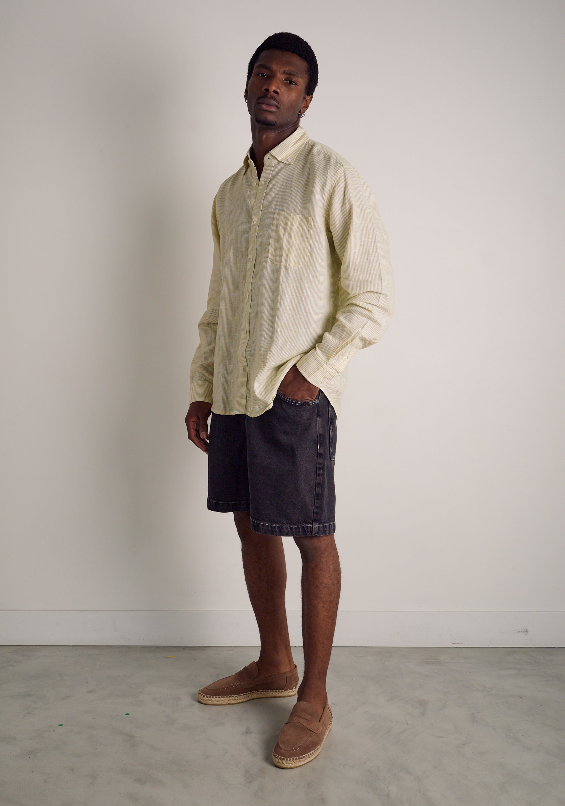 Camisa H CBD Lino Rayas Del Bols Verde Med - Blanco