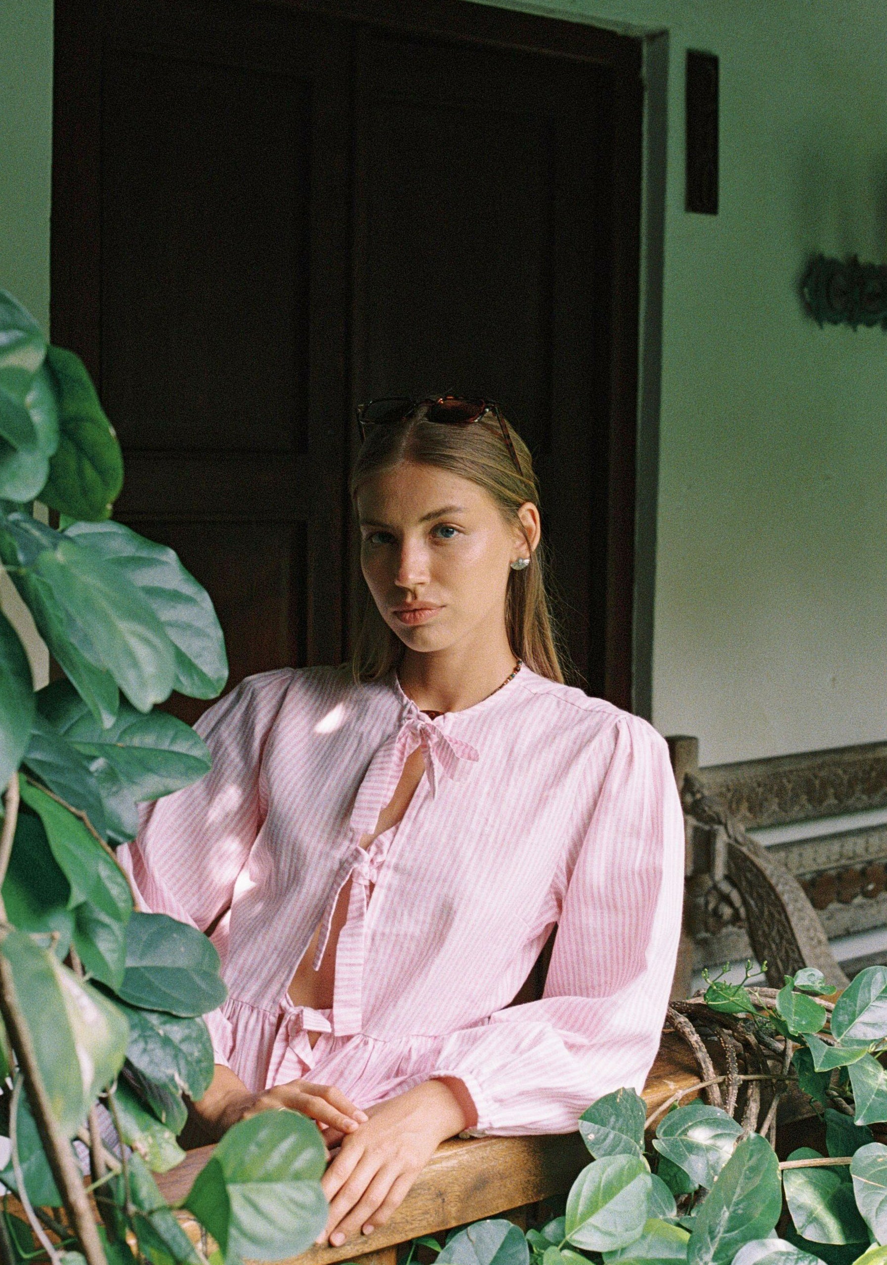 Blusa Lino Gia Rayas Rosado Medio - Blanco