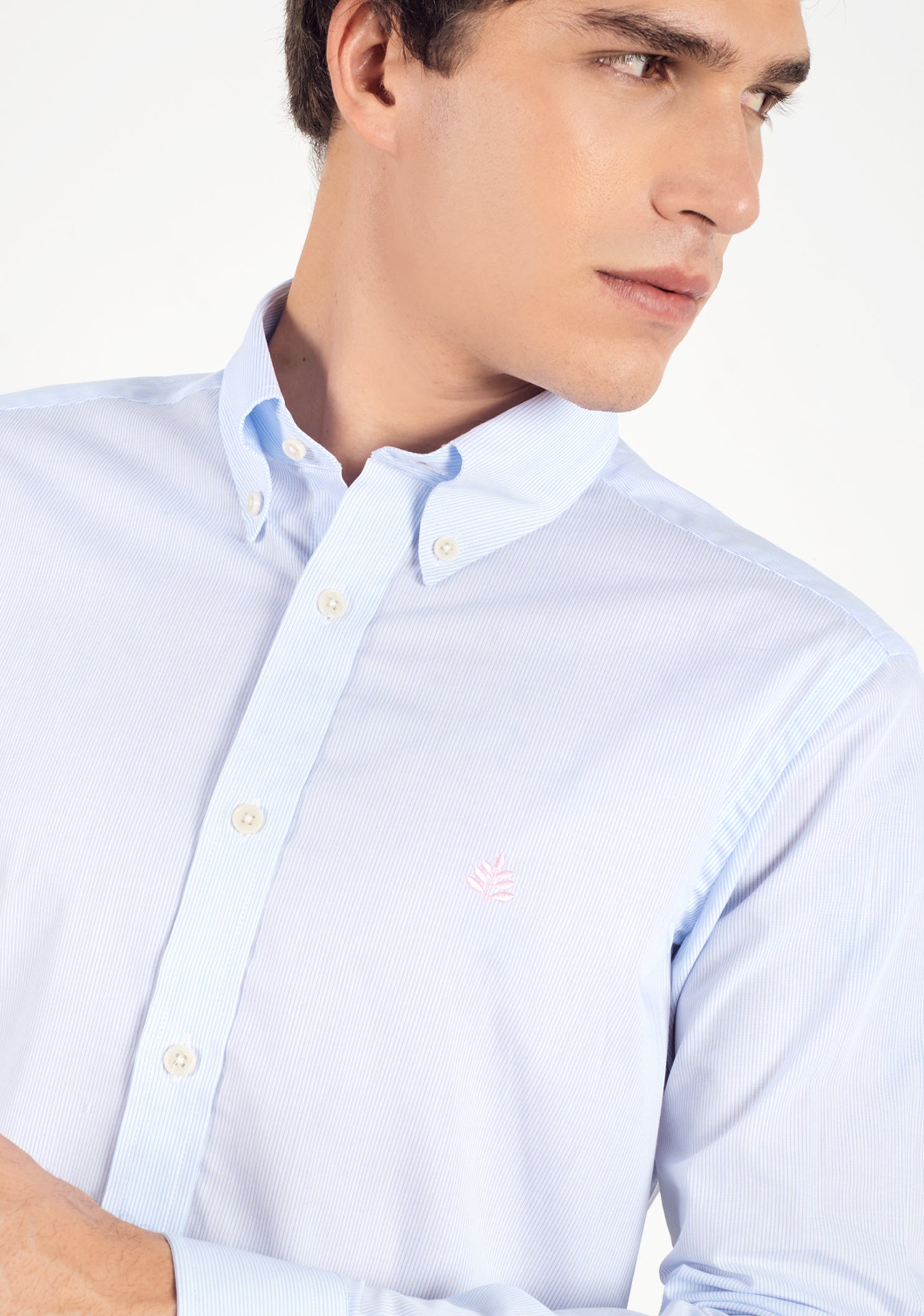 Camisa Rayas Delgadas Azul Claro - Blanco Cuello Button Down L-Ros