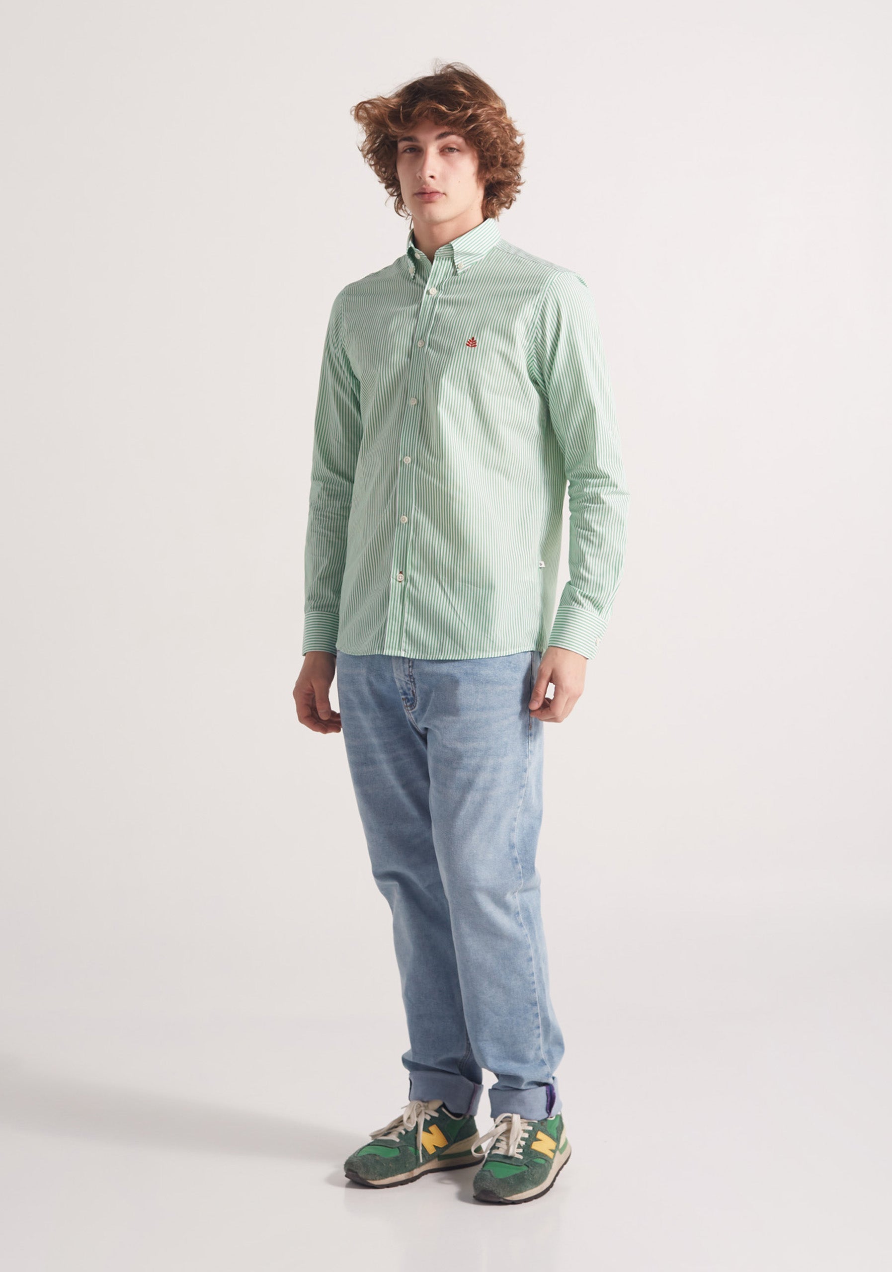 Camisa Whitman Líneas Verde Medio - Blanco Cuello Button Down