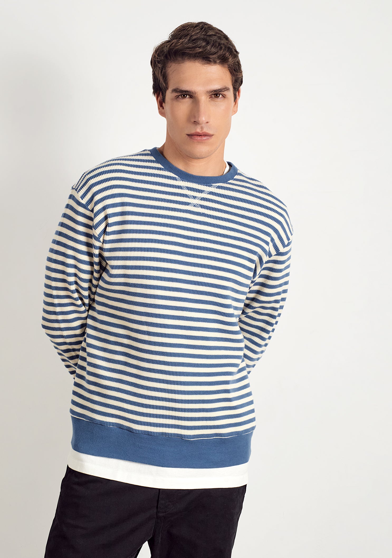 Saco Luca Crew Neck Rayas Azul Claro - Marfil